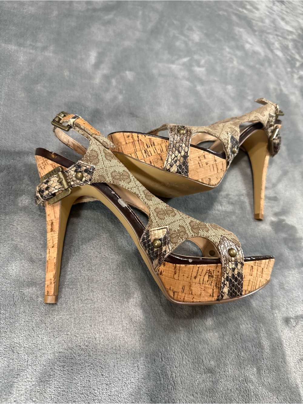 Vintage Guess High Heels Guess Emblem Brown Cork Heel Size 8 1/2